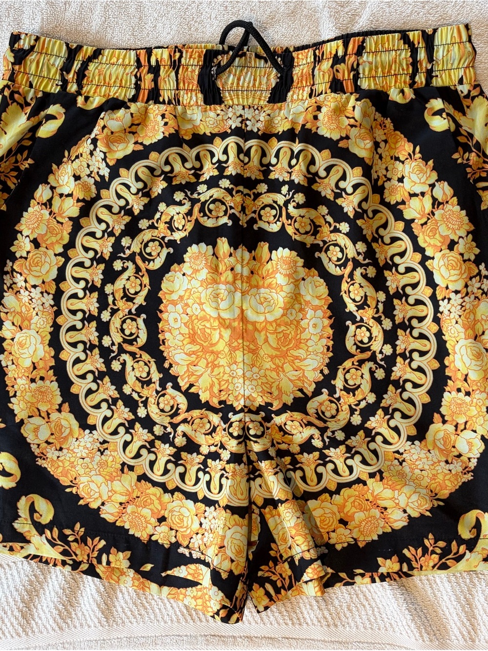 Men's Baroque Floral Bermuda Shorts Black Gold Polyester Drawstring Pockets S